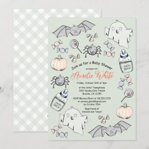 Convites Chá de Bebê de Halloween com Fantasma, Morcego e A