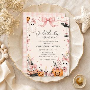Convites Chá de Bebê de Halloween em Xadrez Rosa Little Boo