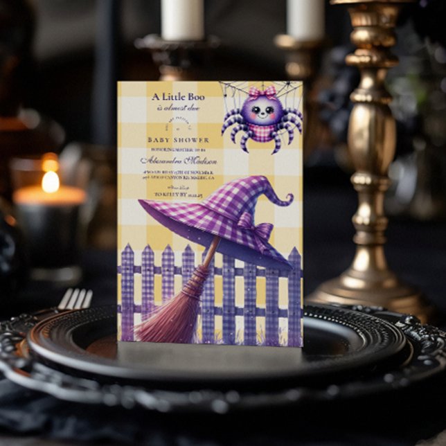 Convites Chá de Bebê de Halloween em Xadrez Roxo (Criador carregado)
