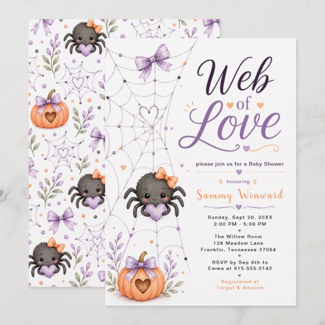 Convites Chá de Bebê de Halloween Teia do Amor (Frente/Verso)