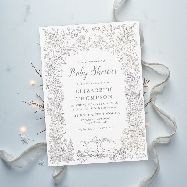 Convites Chá de Bebê de Inverno Enfeitiçado Floresta de Con (winter baby shower invitation woodland deer animals enchanted forest fairytale storybook magic)
