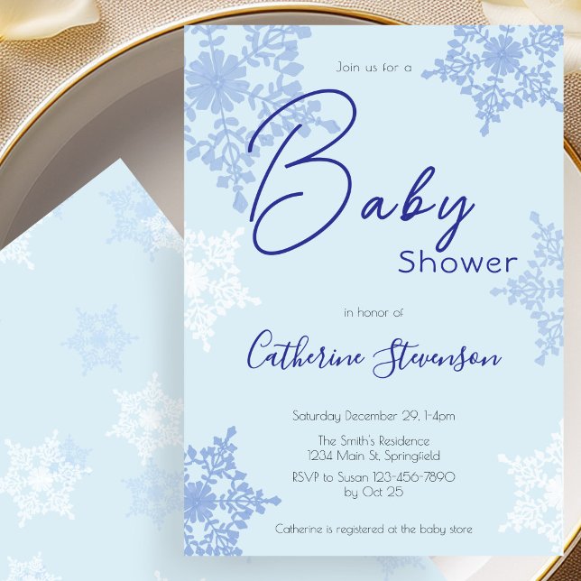 Convites Chá de Bebê de Inverno Floco de Neve Azul Moderno (Criador carregado)