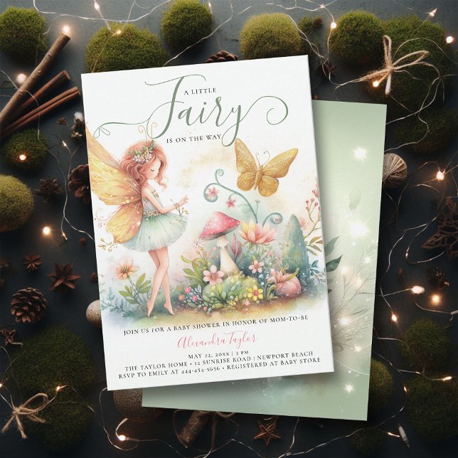 Convites Chá de Bebê de Jardim Encantado (a little fairy girl baby shower invitation enchanted forest garden butterfly mushroom emerald gold)