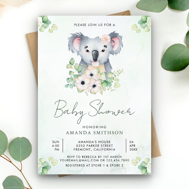 Convites Chá de Bebê de Koala com Eucalipto Floral (Criador carregado)