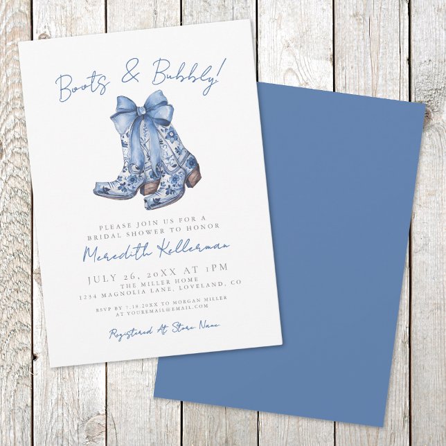 Convites Chá de Bebê de Laço Azul Country Rústico (Rustic Country Blue Bow Bridal Shower Invitation)