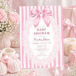 Convites Chá de Bebê de Laço Rosa Elegante em Renda Floral