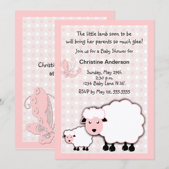 Convites Chá de Bebê de Lamb Rosa (Frente/Verso)