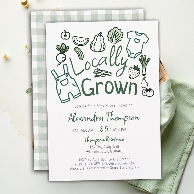 Convites Chá de Bebê de Legumes de Fazenda Desenhados à Mão (locally grown baby shower invitation hand drawn produce farm fresh green clothes garden patch)