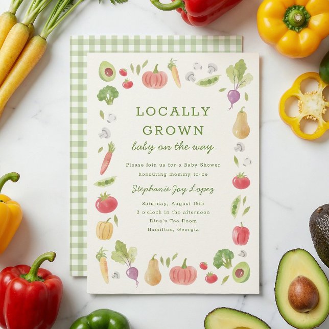 Convites Chá de Bebê de Legumes do Mercado de Produtores Lo (Locally Grown baby shower invitation with hand-drawn watercolour vegetables)