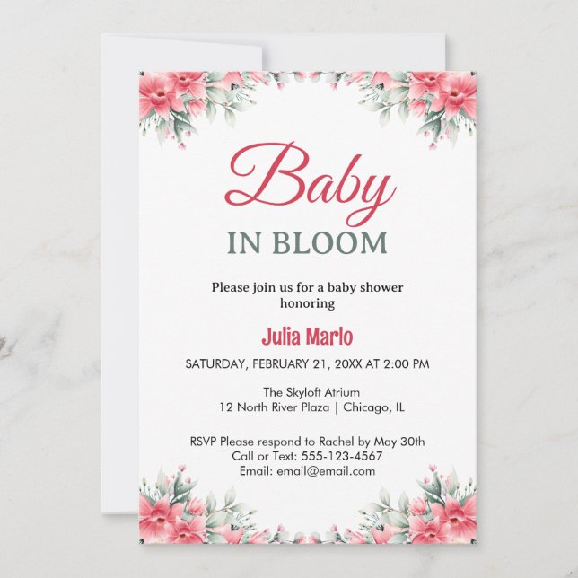 Convites Chá de bebê de menina com lírios florais Baby in B (Frente)