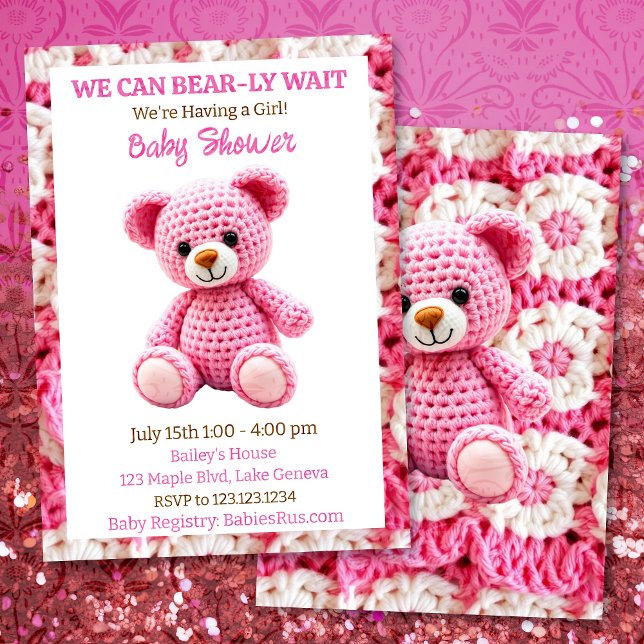 Convites Chá de Bebê de Menina com Urso de Crochê Rosa (Criador carregado)
