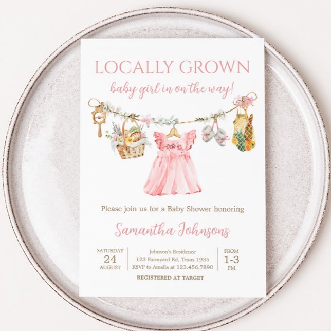 Convites Chá de Bebê de Menina Criada Localmente (Girl Locally Grown Clothesline Baby Shower Invitation)