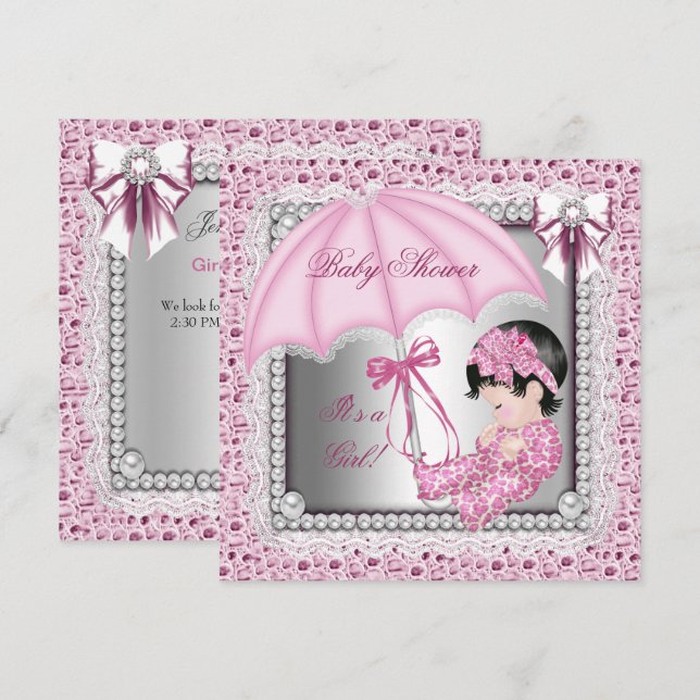 Convites Chá de Bebê de Menina Rosa Bonito Branco (Frente/Verso)