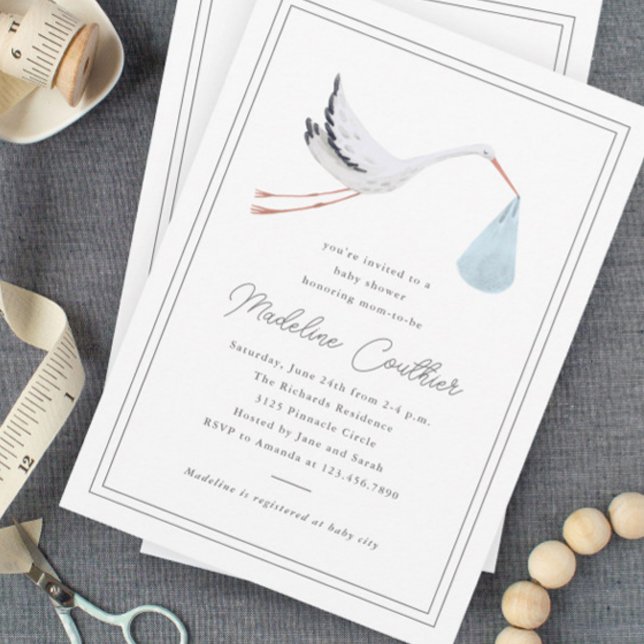 Convites Chá de Bebê de Menino com Cegonha Desenhada à Mão  (Elegant hand drawn stork baby shower invitation.)