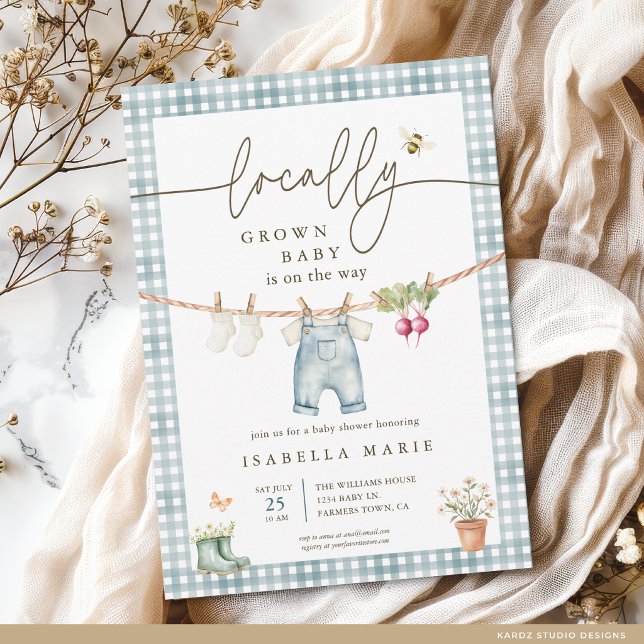 Convites Chá de Bebê de Menino Localmente Cultivado (The front of the baby shower invite is shown at 5x7-inch size. Choose paper, + corner style.)