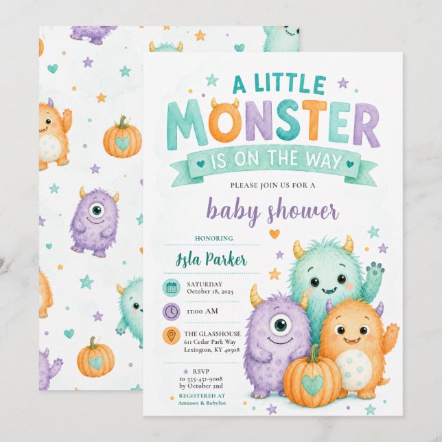 Convites Chá de Bebê de Monstro Fofo de Halloween (Frente/Verso)