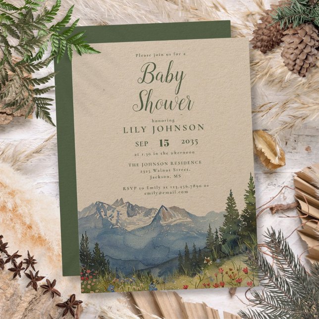 Convites Chá de Bebê de Montanha em Aquarela Rústica (Rustic Watercolor Mountain Wildflower Baby Shower Invitation)