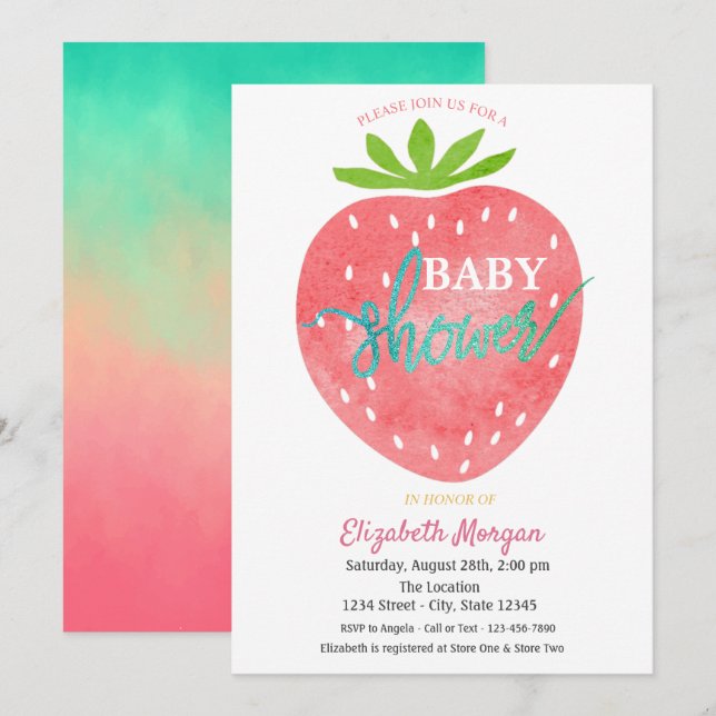 Convites Chá de Bebê de Morango em Aquarela (Frente/Verso)