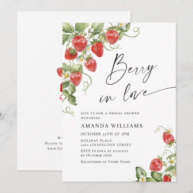 Convites Chá de Bebê de Morango em Aquarela Tendência Prado (Frente/Verso)