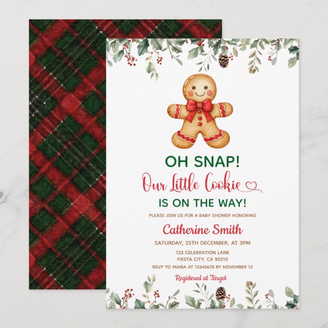 Convites Chá de Bebê de Natal Clássico Plaid Gingerbread (Frente/Verso)