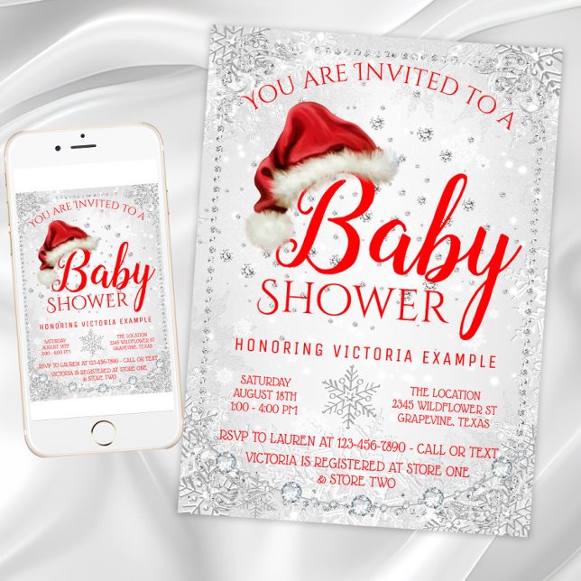 Convites Chá de Bebê de Natal com Chapéu do Papai Noel Floc (Christmas baby shower invitation with Santa hat and snowflakes. Digital download and printed.)