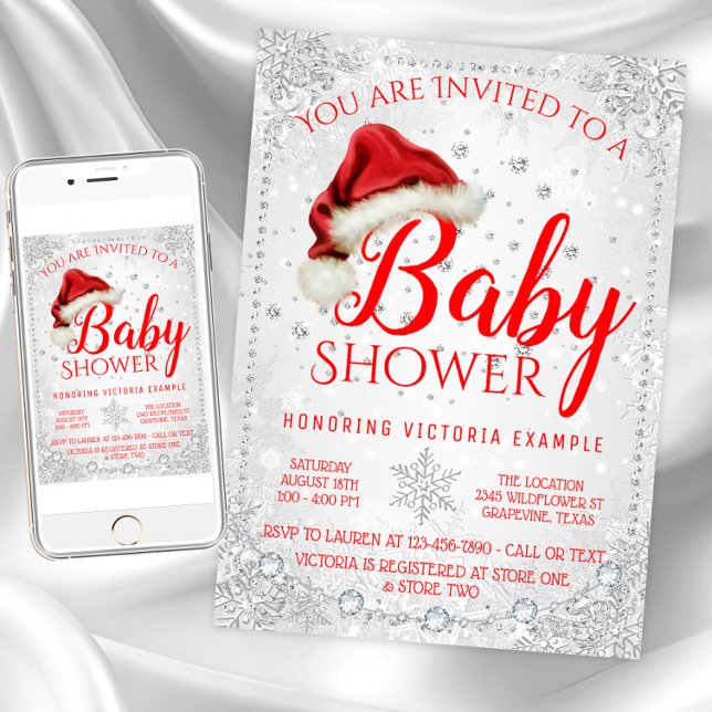 Convites Chá de Bebê de Natal com Floco de Neve e Chapéu de (Christmas baby shower invitation. Instant download and printed invitations available.)