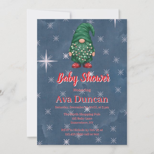 Convites Chá de Bebê de Natal do Gnome Verde Aquarela (Frente)