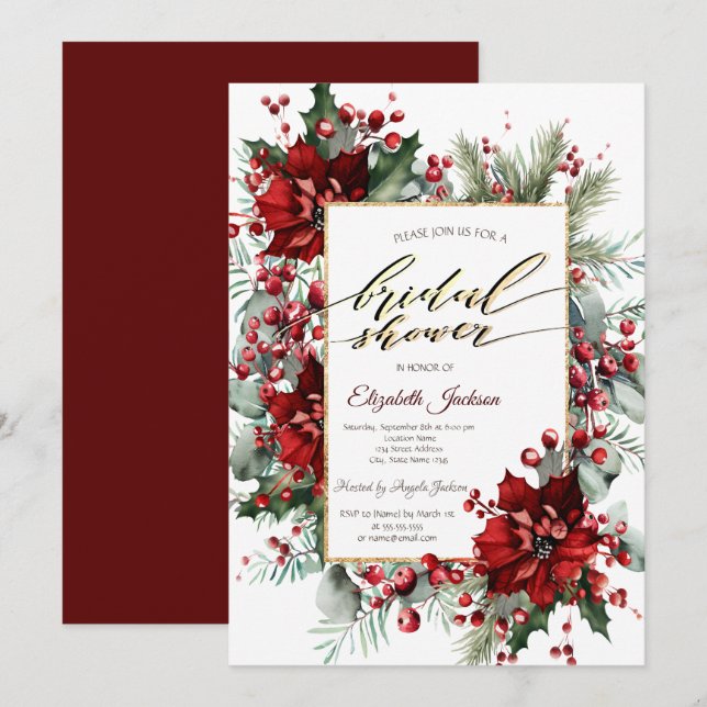 Convites Chá de Bebê de Natal Elegante com Poinsettia (Frente/Verso)
