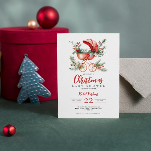Convites Chá de Bebê de Natal em Aquarela com Carrinho Verm (Criador carregado)