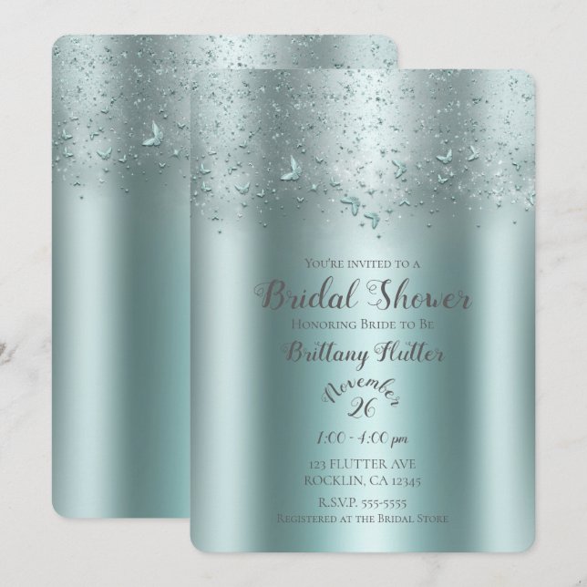 Convites Chá de Bebê de Noiva Borboleta Flutter Aqua Teal P (Frente/Verso)