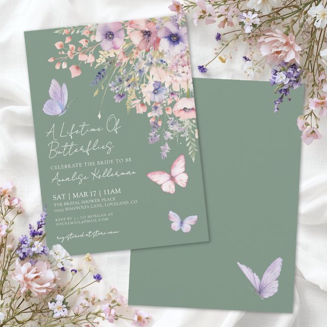Convites Chá de Bebê de Noiva com Borboletas e Flores Silve (Sage Green Butterfly Wildflower Bridal Shower Invitation)