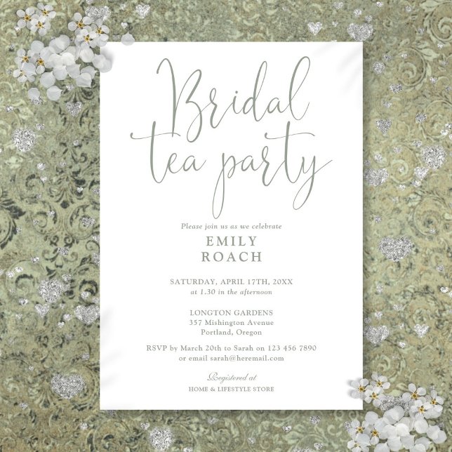 Convites Chá de Bebê de Noiva com Elegante Roteiro Verde Sá (Sage Green Elegant Script Bridal Tea Party Shower Invitation)