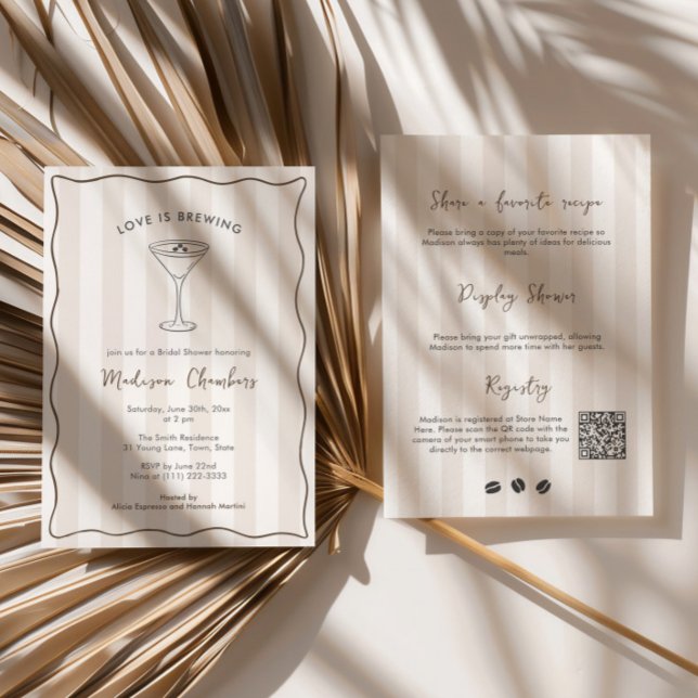 Convites Chá de Bebê de Noiva com Espresso Martini Love Is  (Love Is Brewing Espresso Martini Social club bridal shower double-sided invitation with QR code)