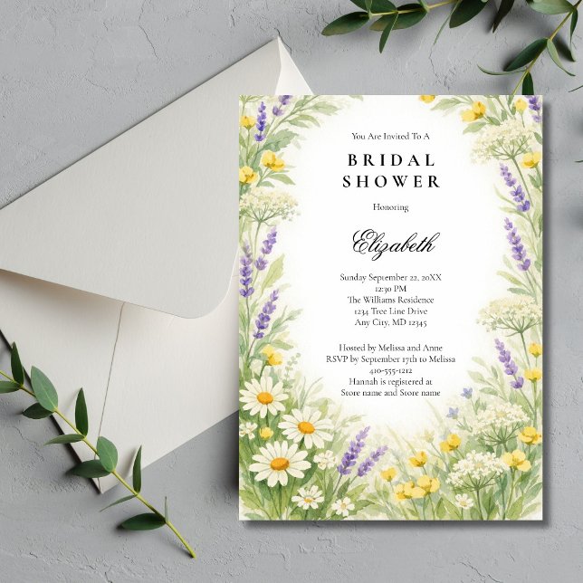 Convites Chá de Bebê de Noiva com Lavanda Margaridas Flores (Wildflowers ( Lavender, Daises ) Watercolor Greenery botanical Bridal Shower invitation. )