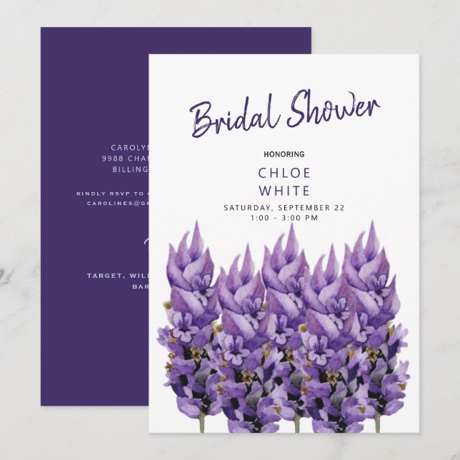 Convites Chá de Bebê de Noiva com Ramos de Lavanda Elegante (Frente/Verso)