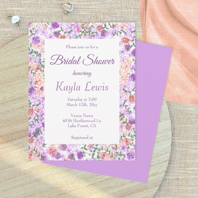 Convites Chá de Bebê de Noiva Floral Lilás e Pêssego c/ Bor (purple wedding bridal shower invitation with lilac and peach rose border)