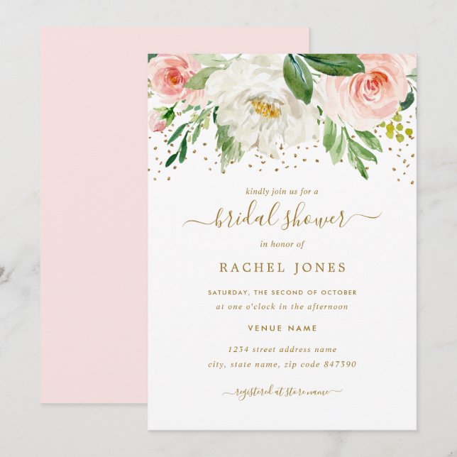 Convites Chá de Bebê de Noiva Floral Rosa em Aquarela Doura (Frente/Verso)
