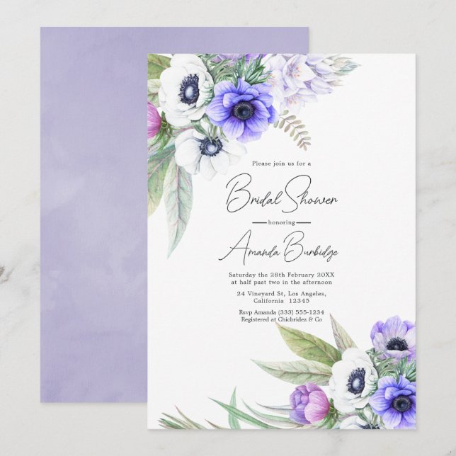Convites Chá de Bebê de Noiva Floral Violeta Pastel e Ameix (Frente/Verso)