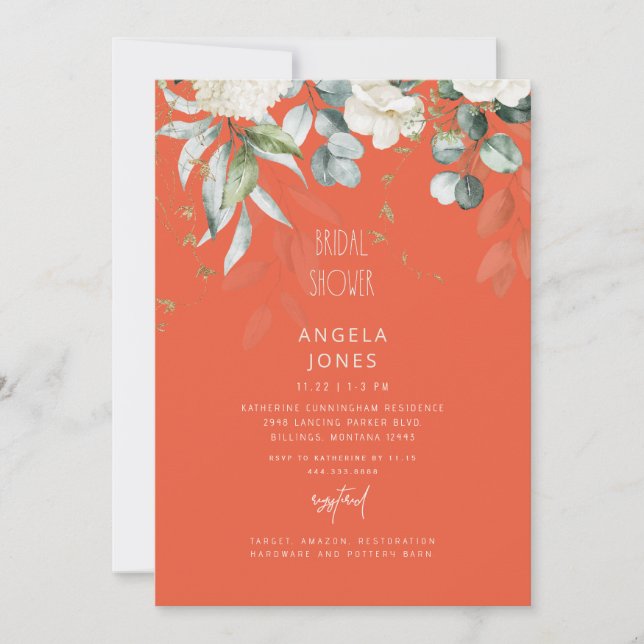 Convites Chá de Bebê de Noiva Hydrangea Branca Tangerina (Frente)