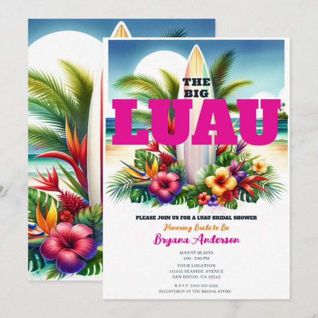 Convites Chá de Bebê de Noiva Luau de Piscina com Prancha d (Frente/Verso)