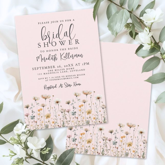 Convites Chá de Bebê de Noiva Rosa Flores Silvestres (Wildflower Blush Pink Bridal Shower Invitation)