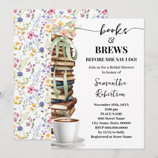 Convites Chá de Bebê de Noiva Wild Flowers Books & Brews Co (Frente/Verso)