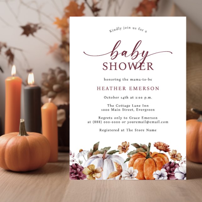 Convites Chá de Bebê de Outono (Fall Burnt Orange Baby Shower Invitation Autumn White Pumpkins Watercolor Burgundy Florals)