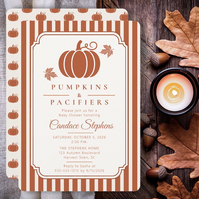 Convites Chá de Bebê de Outono Elegante com Abóboras e Chup (Elegant pumpkin baby shower invitation with rust stripes and timeless autumn stationery styling.)