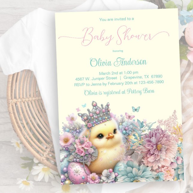 Convites Chá de Bebê de Páscoa Pastel com Franguinho (Sweet little chick with pretty eggs, butterflies and flowers. Instant download and printed available)