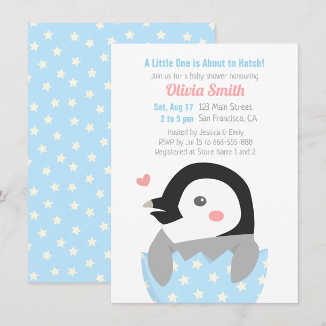 Convites Chá de Bebê de Pequeno Pinguim Recém-Nascido (Frente/Verso)