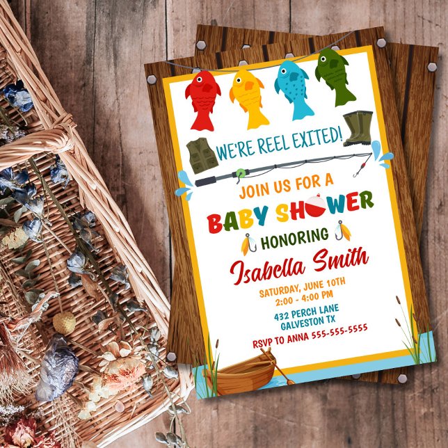 Convites Chá de Bebê de Pesca Editável  (Rustic & colorful fishing baby shower invite – perfect for new parents, any gender!)