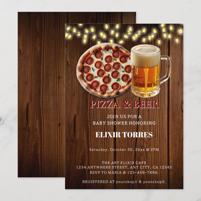 Convites Chá de Bebê de Pizza Rústica & Cerveja (Frente/Verso)