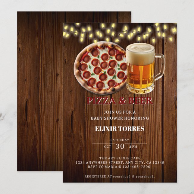 Convites Chá de Bebê de Pizza Rústica & Cerveja (Frente/Verso)
