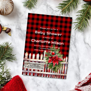 Convites Chá de Bebê de Plaid de Búfalo com Cerca de Natal